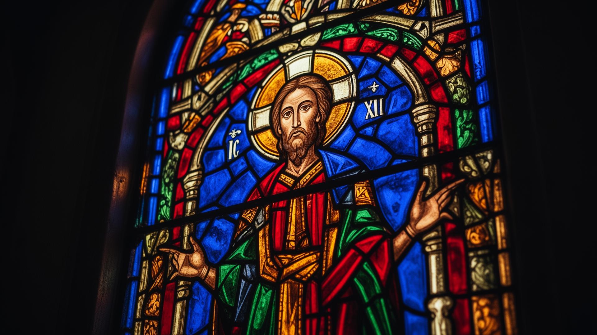 Stained glass masterpiece illuminated by warm light
